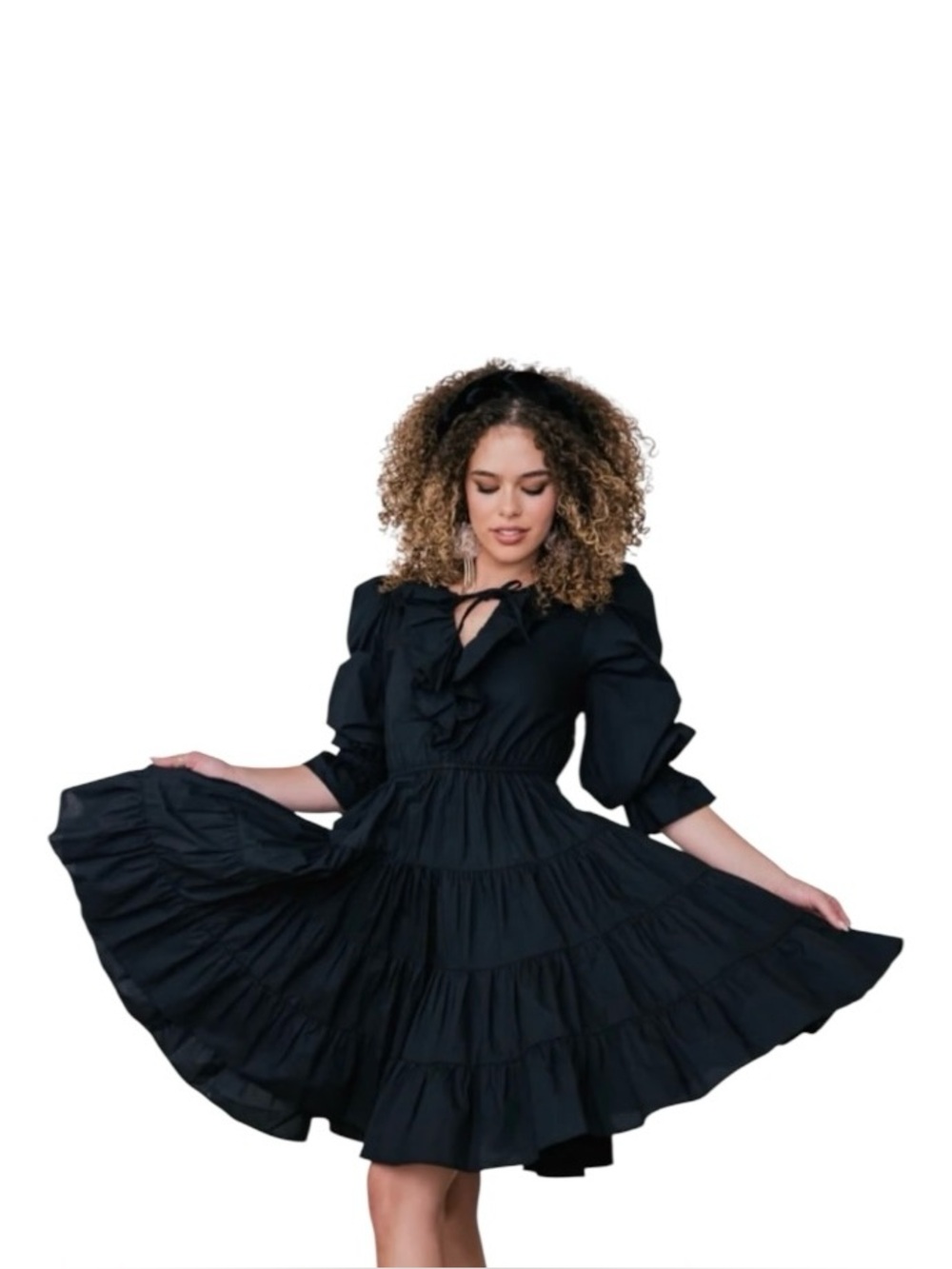 JessaKae Women's Black Black Ruffle V-Neck Tie Mini Dress Size XS
